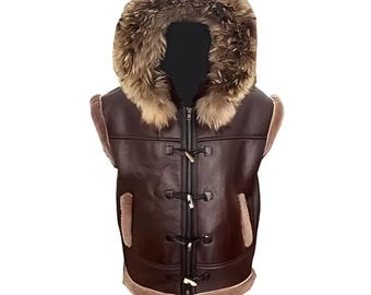 Men’s Brown Shearling Sheepskin Hooded B3 Aviator Bomber Vest