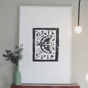 Linocut Bird Print: Boho Kawaii Wall Art, Handmade Linoleum Print