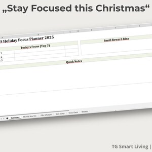 Könnte beinhalten: Ein digitaler Planer mit dem Titel "ADHS Holiday Focus Planner 2025" mit dem Text "Stay Focused this Christmas". Der Planer enthält Abschnitte für den täglichen Fokus, kurze Notizen und kleine Belohnungsideen. Der Planer stammt von TG Smart Living.