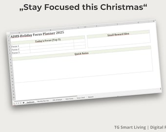 ADHD Holiday Focus Planner 2025 Excel and Google Sheets Calm and Simple Christmas Organizer for Focus and Clarity