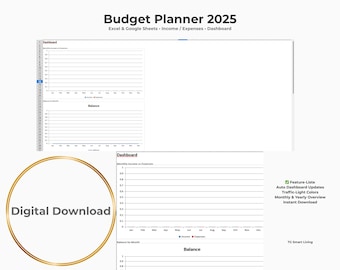 Budget Planner 2025 Excel and Google Sheets – Income Expenses Dashboard Traffic Light Colors