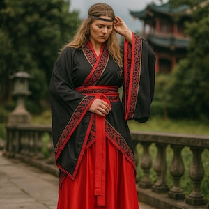 Peut inclure: Tenue traditionnelle d'inspiration asiatique noire et rouge. La tenue comprend un haut noir avec une bordure rouge et une jupe rouge. Le haut a des manches longues et une fermeture croisée. La bordure rouge est ornée de motifs dorés. Une ceinture rouge est nouée à la taille.