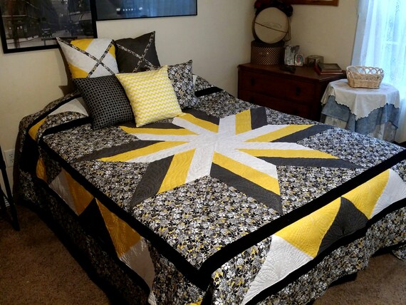 Queen Bed Quilt Black And Yellow Floral Print Inspired This Etsy