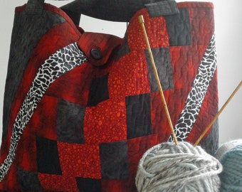 XL Quilted Tote.  Classic Red 'n Black.  Shopping Bag. Purses. Handbags.
