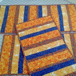 Quilted Table Runner: Blue, Orange, Yellow Cotton Party Decor