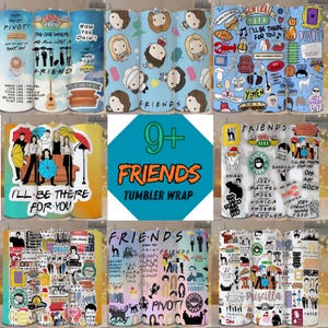 Puede incluir: Una colección de nueve diseños diferentes para envolver vasos inspirados en la serie de televisión "Friends". Los diseños muestran varios personajes, citas y elementos icónicos de la serie, incluyendo el logotipo de Central Perk y el famoso sofá.