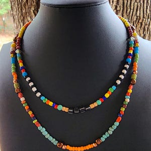 Double Strand Java Glass Seed Bead Collar Necklace Multicolor Boho Choker