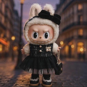 Labubu Doll Outfit: Handmade Black Dress, Shoes, Bag & Headband