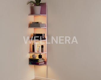 5 Tier Floating Wall Shelf with Light, Black Modern Vertical Column Shelves Wall Mount, Bedroom Living Room Vanity Storage Home Decor