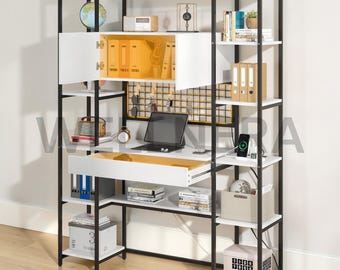 5 Tier Bookshelf with Desk RGB Lights, 71 Tall Black Bookcase Power Outlet Drawer, 12 Shelf Storage Cabinet 2 Doors Home Office