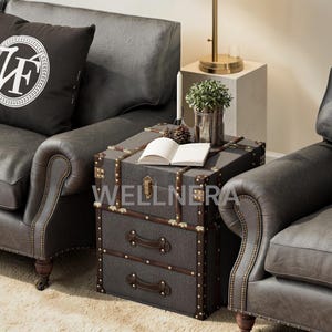 May include: A dark gray trunk-style side table with two drawers, brown leather trim, and brass studs. The table has a lock and handles. The text "WELLNERA" is visible on the front. The table is next to a dark gray leather sofa.