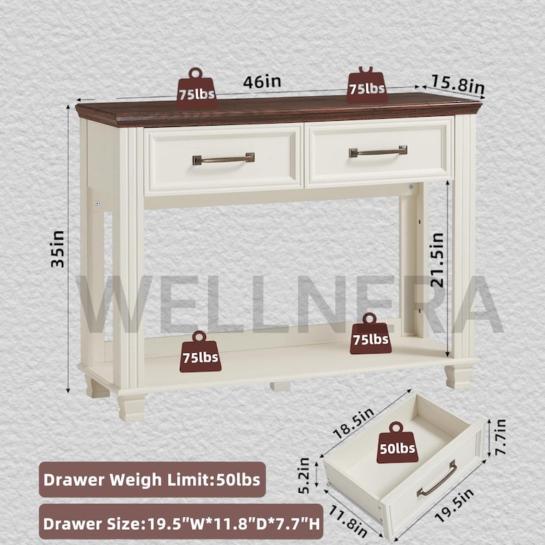 Farmhouse Console Table 46, Rustic Wood 2 Drawer Entryway Table 2 Tier ...
