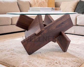 Round Glass Coffee Table 33, Rustic Farmhouse Center Table Wood Crossed Legs, Mid Century Circle Cocktail Table Living Room Decor