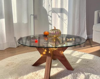 Round Glass Coffee Table, Modern Tempered Glass Center Table, 31.5 Rustic Brown Coffee Table, MDF Legs, Living Room Office Furniture
