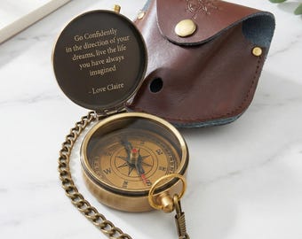 Personalisierter Kompass aus Messing mit Gravur Vintage Taschenkompass mit Ledertasche - Geschenk für ihn, Ehemann, Vater, Bräutigam, Jahrestags-Andenken
