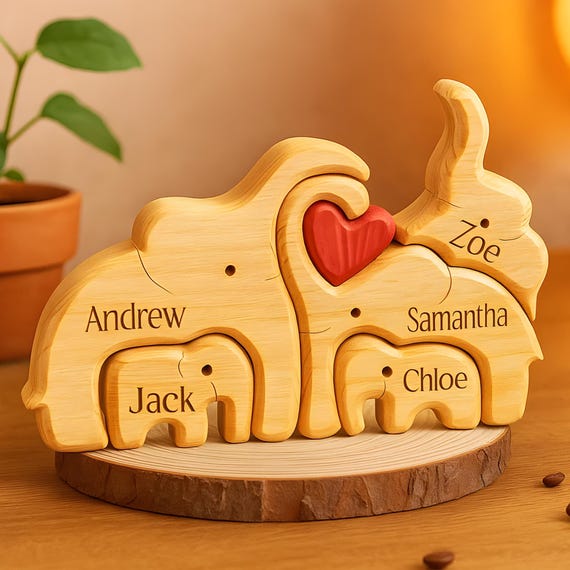 Beechwood elephant family puzzle with each elephant piece custom-engraved with a family member's name — the elephant parade motif makes it genuinely display-worthy decor.