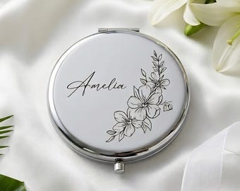 Engraved Compact Mirror – Personalized Makeup Mirror with Name, Monogram or Flower Design – Bridesmaid, Birthday & Christmas Gift