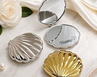 Personalized Seashell Compact Mirror, Custom Birth Flower Pocket Mirror, Bridesmaid Proposal Box Gift, Engraved Shell Bridal Favor for Her