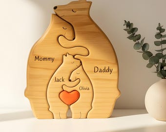 Rompecabezas de madera personalizado con familia de osos / Regalo con nombre grabado personalizado / Recuerdo familiar para padres e hijos / Decoración rústica para el hogar y la guardería
