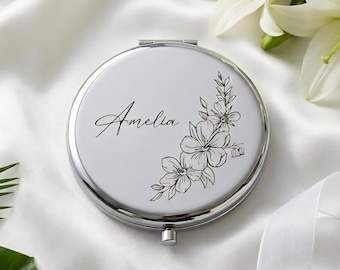 Custom Engraved Compact Travel Makeup Mirror – Personalized Pocket Mirror with Name or Birth Flower Bridesmaid Proposal - Wedding Party Gift