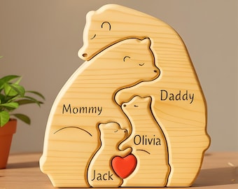 Personalized Wooden Bear Family Puzzle | Custom Name Engraved Toy | Family Keepsake Gift | Nursery Decor | Baby Shower Gift for Parents