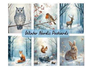 Postales de invierno de 4x6 y 5x7, tarjetas imprimibles de bosque escandinavo, arte de animales del bosque.