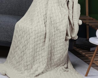 Coperta in maglia grossa: coperta boho con pompon, acrilico morbido, 130 x 170 cm