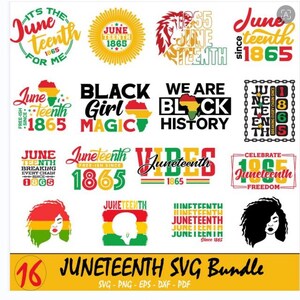 以下が含まれることがあります： 16種類のJuneteenth SVGデザインのコレクション。デザインには「June 1865」、「Black Girl Magic」、「We Are Black History」などのテキストと、赤、黄、緑のグラフィックが含まれています。 SVG、PNG、EPS、DXF、PDF形式が含まれています。