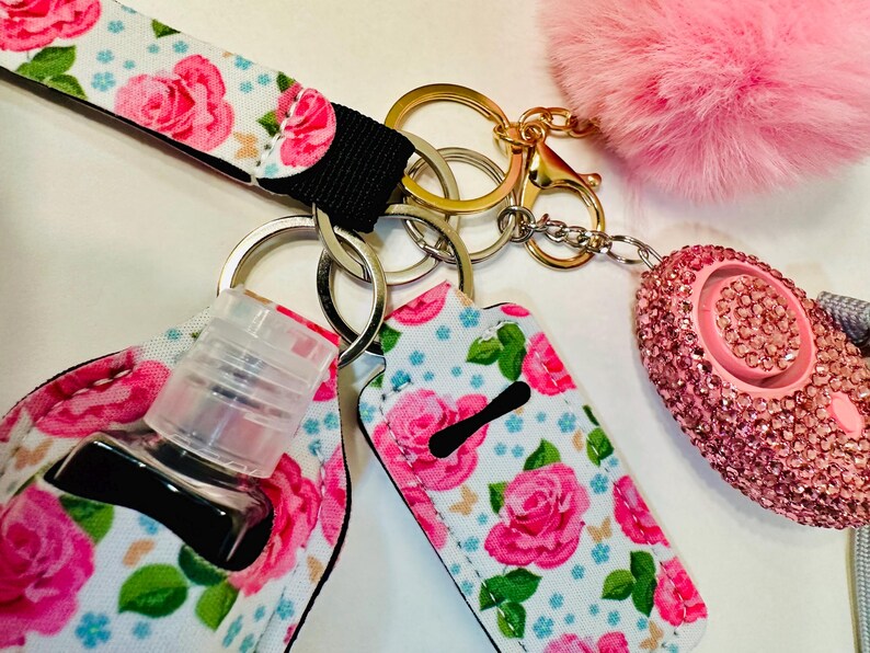Pink Rose Keychain With Bling Alarm, Wristlet, Pom Pom - Etsy