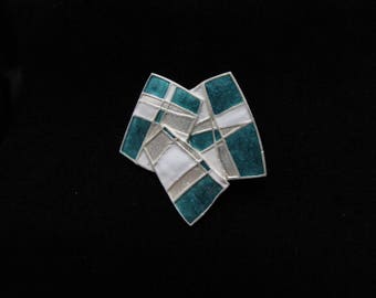 Abstract square, silver pin with dark turquoise and white faux enameling