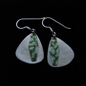 Silver, triangle dangle earrings with green and turquoise abstract medallion