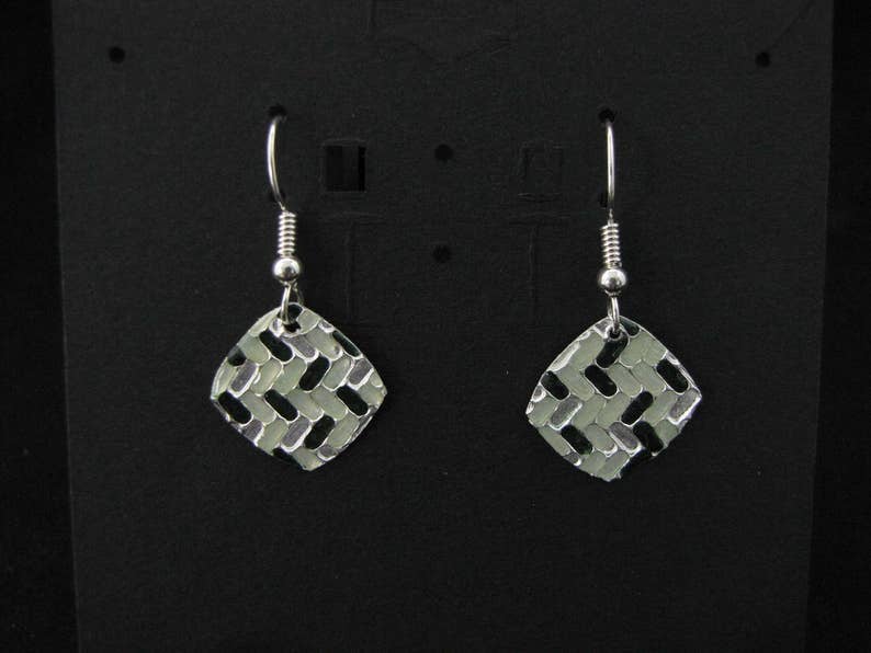 Rounded square drop silver earrings with light and dark green faux enameling