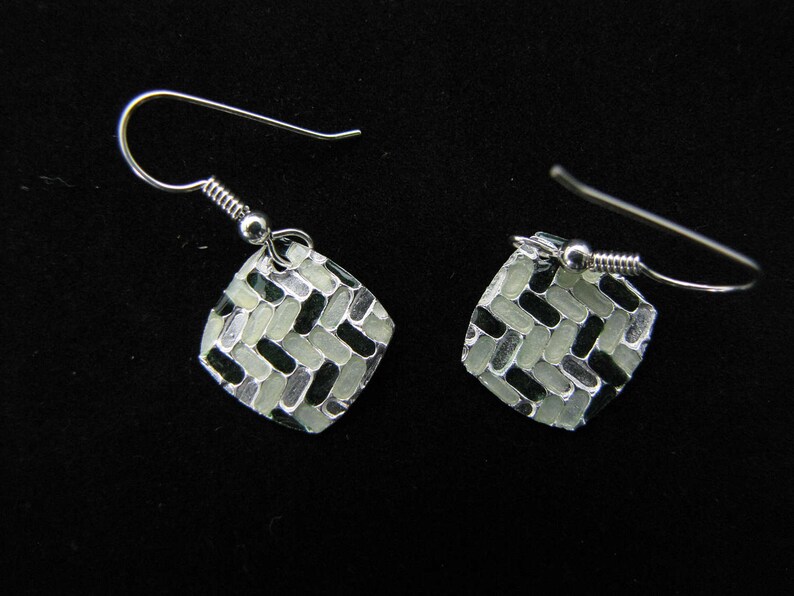 Rounded square drop silver earrings with light and dark green faux enameling