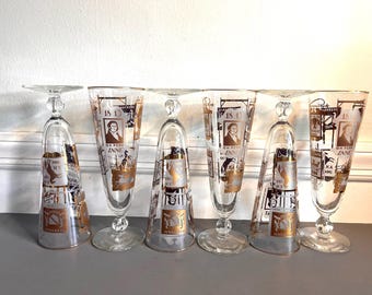 Vintage Pilsner drinking glasses, set of 6 gold beer goblets