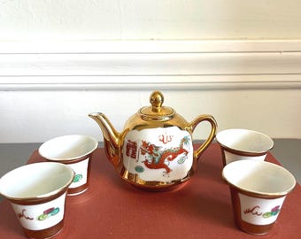 Vintage 22K mini gold Dragon Phoenix tea set, small display