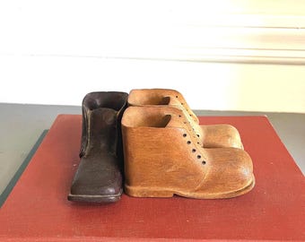 Antique wooden carved shoes, signed by John Wallace