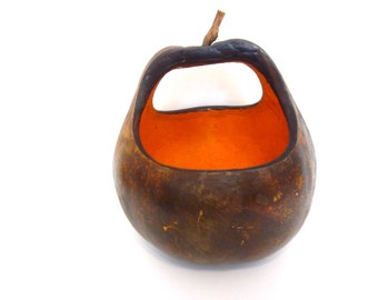 Vintage hand carved gourd bowl, dried gourd basket with handle