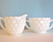 Vintage white milk glass sugar bowl and creamer set, retro kitchen ware