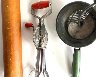 Antique kitchen cooking utensils, rustic, 1940’s