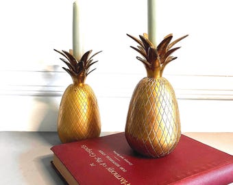 Vintage brass pineapple candlesticks, midcentery modern