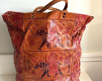 Vintage Indian leather hand tooled, dyed  tote bag