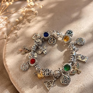 May include: Silver charm bracelet with a variety of charms, including round, gemstone, and themed charms. Charms include a red gemstone, a golden triangle, and a green gemstone. The bracelet is displayed on a light-coloured surface.