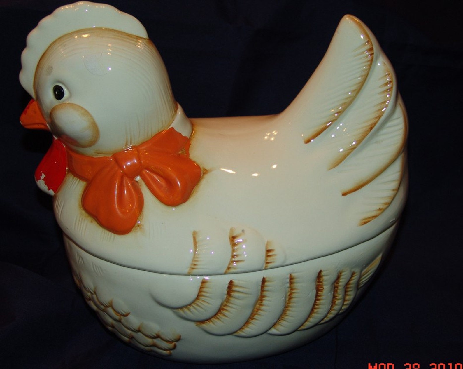 Vintage White Chicken Cookie Jar with Red/Orange Bow by B & D Etsy