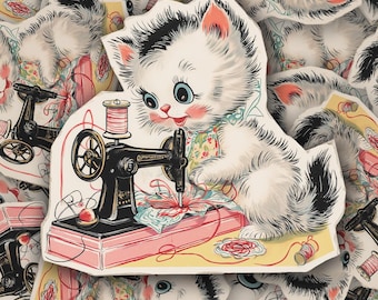 Vintage Kitten Sewing Machine Sticker - Retro Cat Lover Gift