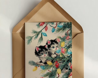 Vintage Style Weihnachtskätzchen Grußkarte | Retro Feiertags-Katzen im Baum
