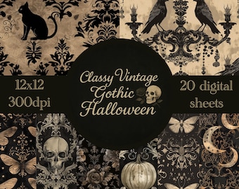 Papel de scrapbook digital gótico vintage para Halloween, pacote de papel para impressão 12x12, padrões elegantes e assustadores