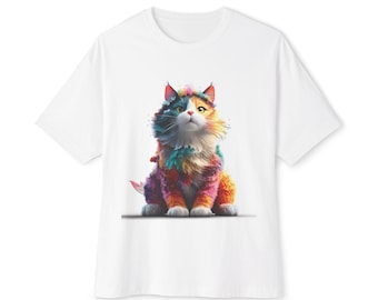 Op de afbeelding: Wit T-shirt met een kleurrijke illustratie van een kat. De kat is afgebeeld met een levendige reeks kleuren, waaronder blauw, geel, roze en oranje, wat een grillig ontwerp creëert. De kat zit rechtop.