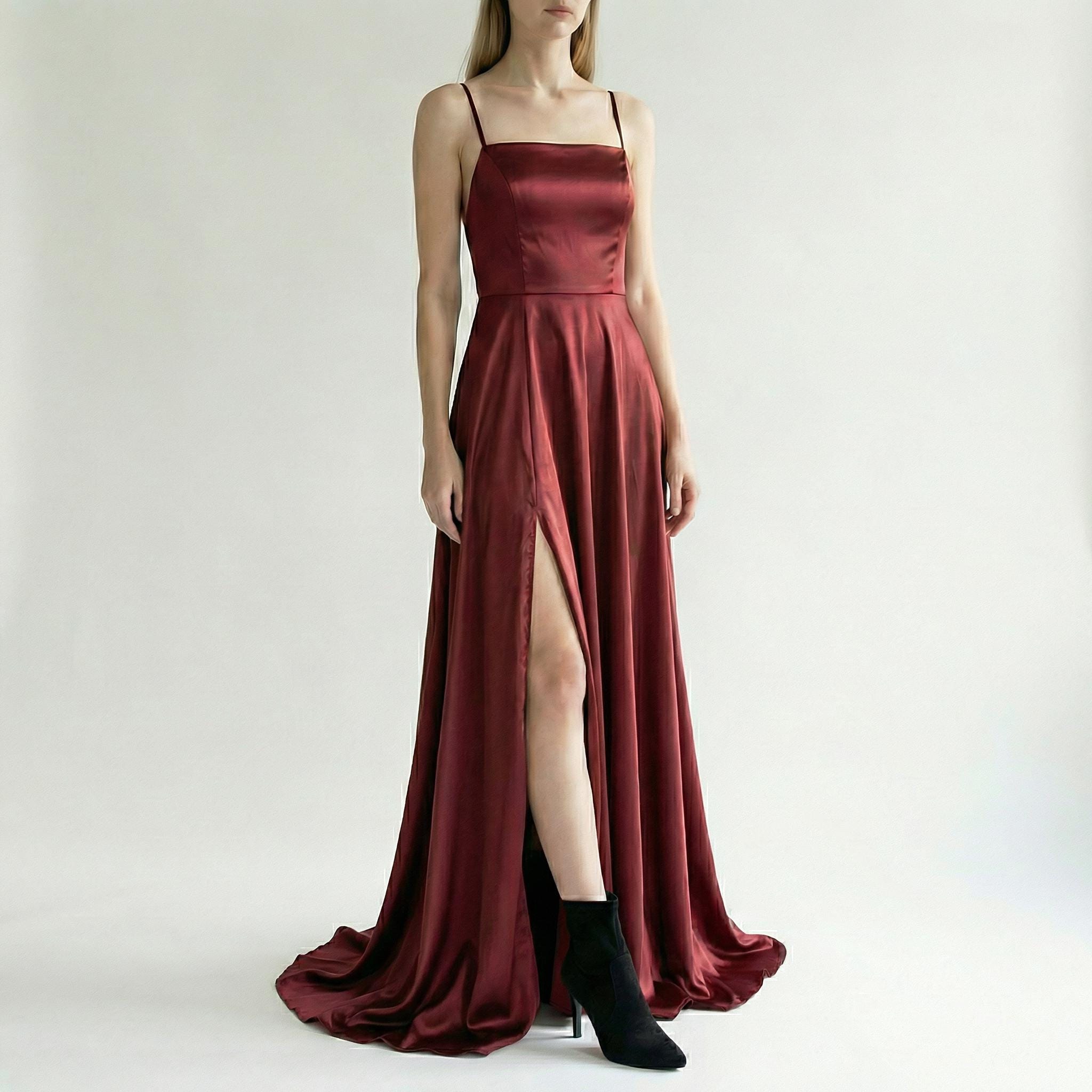 burgundy dress 4t Gorgeous Burgundy SPAGHETTI-STRAPS High split Long Mermaid Prom Dress –  Ballbella