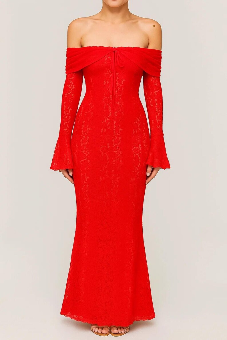 Red Lace Maxi Dress off Shoulder Evening Gown With Flare Sleeves Etsy — free download