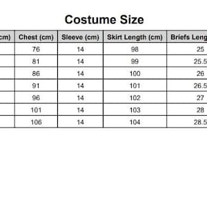 May include: A white chart titled "Costume Size" with measurements in centimeters. The chart includes sizes S to 4XL, listing top length, chest, sleeve, skirt length, briefs length, and waist measurements.